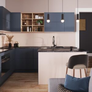 arctic blue kitchen interior with black counter top
