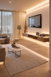 layered lighting in living room interior 