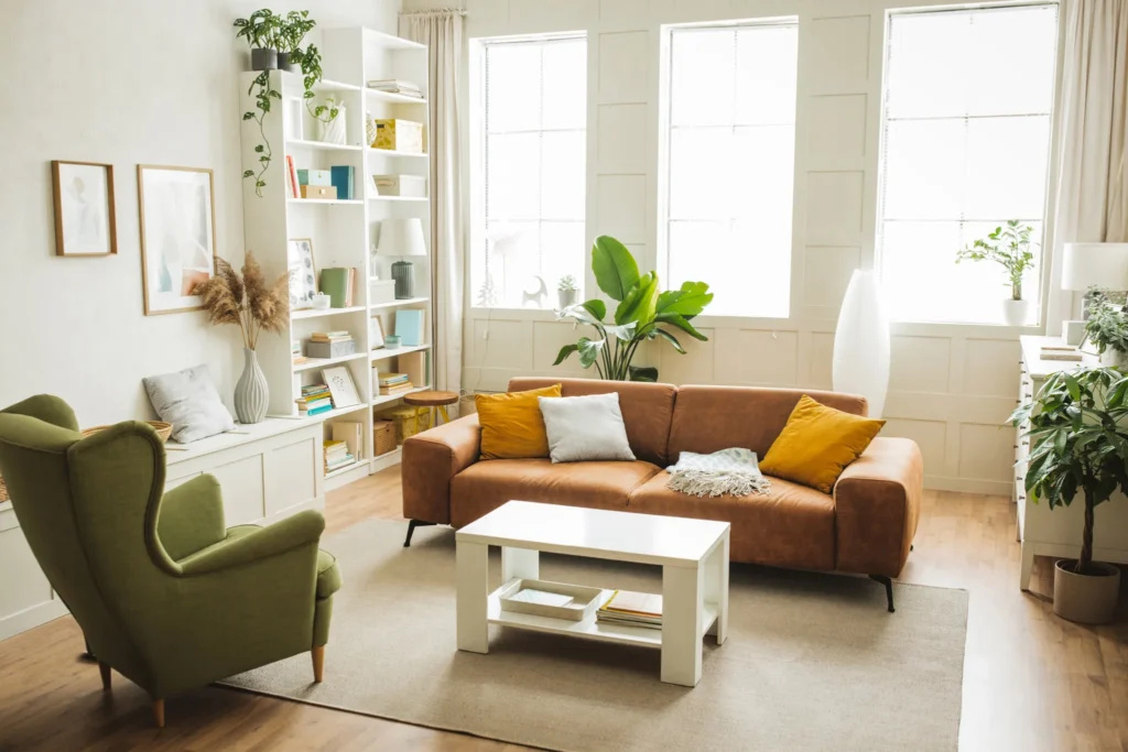 Modern living room with a stylish sofa, yellow and white pillows, and a white center table, creating a clean and elegant look