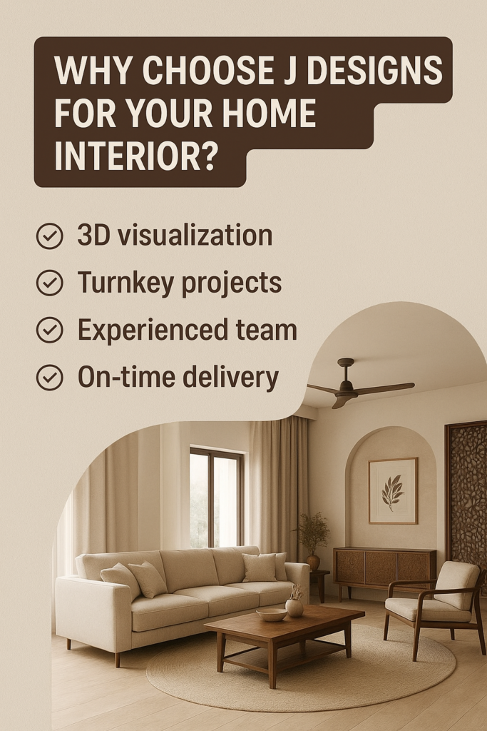 J Designs home interior services in Ahmedabad – 3D visualization, turnkey projects, experienced team, on-time delivery