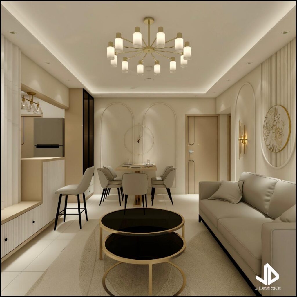 lt Text: "Modern living and dining area interior design by J Designs, featuring a beige color palette, elegant chandelier, wall art, round nesting tables, and contemporary furniture