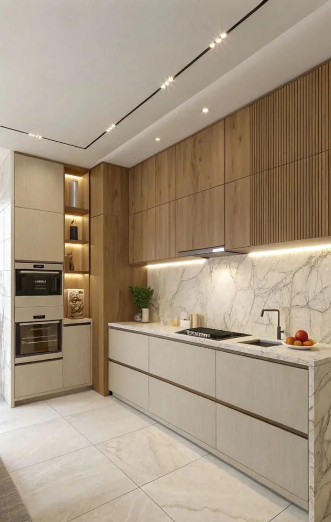 Modern modular kitchen with light wood and beige cabinets, marble backsplash, and built-in appliances