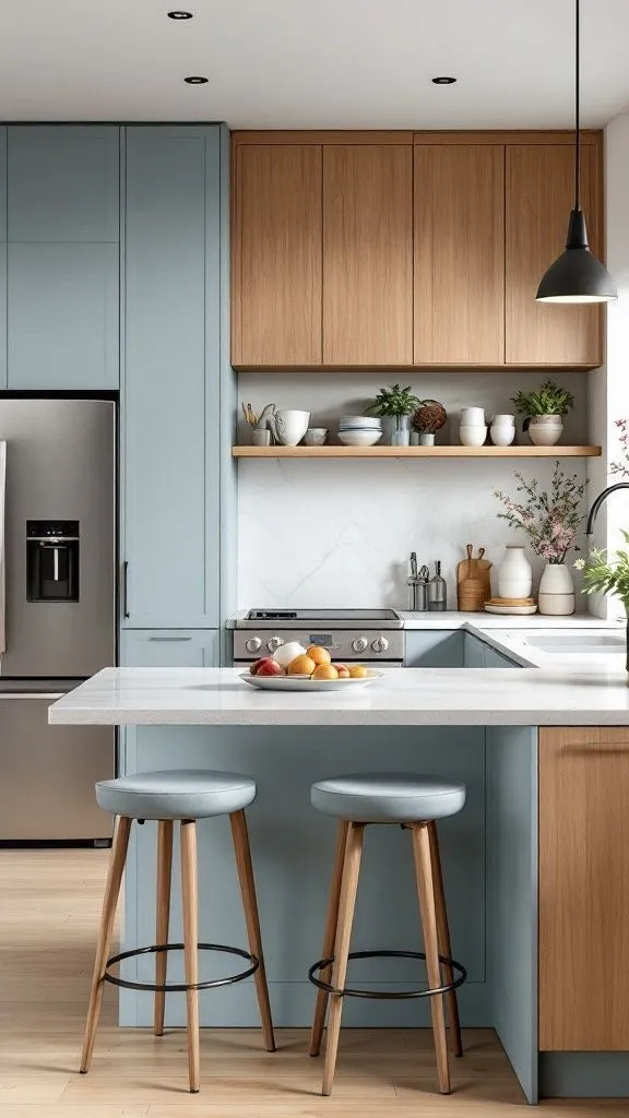 Modern kitchen with sky blue lower cabinets, light wood upper cabinets, white countertop, and a small breakfast island with wooden stools