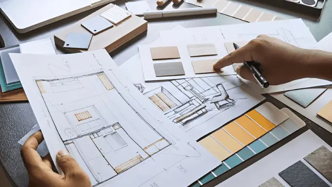 Interior designer selecting material samples and planning home interior design layout for modern house