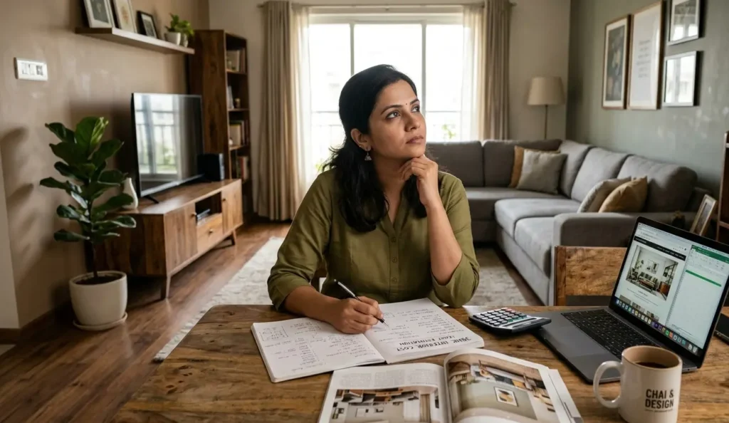 Homeowner planning interior design budget in Ahmedabad while calculating home interior cost for living room design