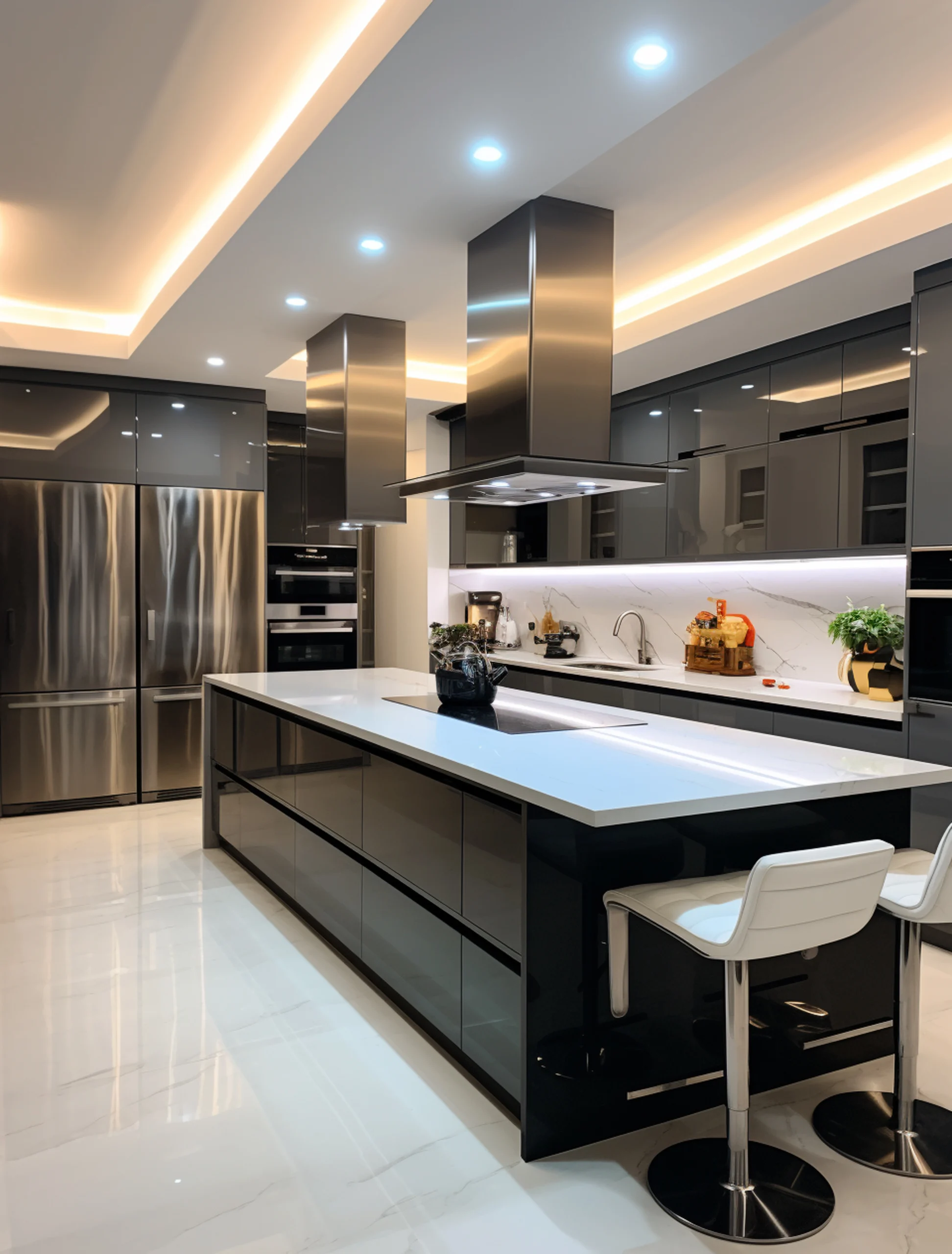 Modern modular kitchen interior design in Ahmedabad with island counter, premium cabinets, and LED ceiling lighting