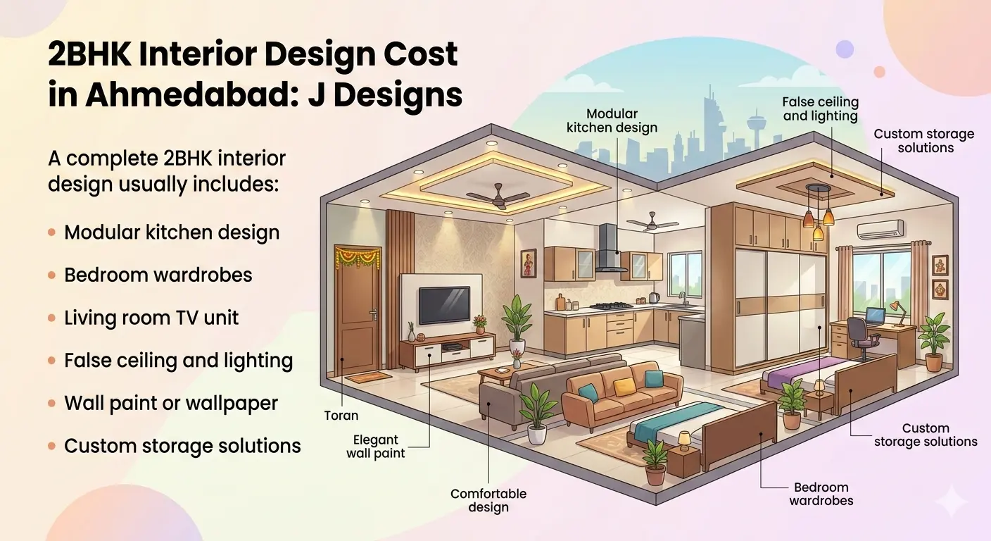 2BHK home interior design layout in Ahmedabad showing kitchen, bedroom wardrobes, and living room design