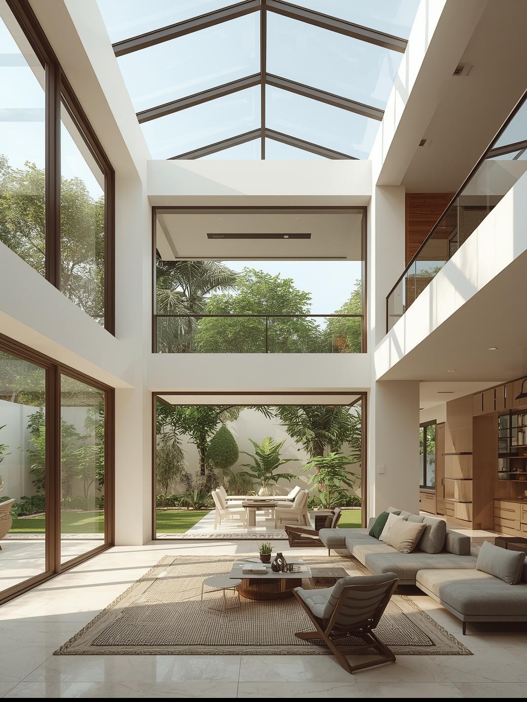 Spacious modern living room interior with double-height ceiling, glass walls, skylight roof, sectional sofa, and open garden view