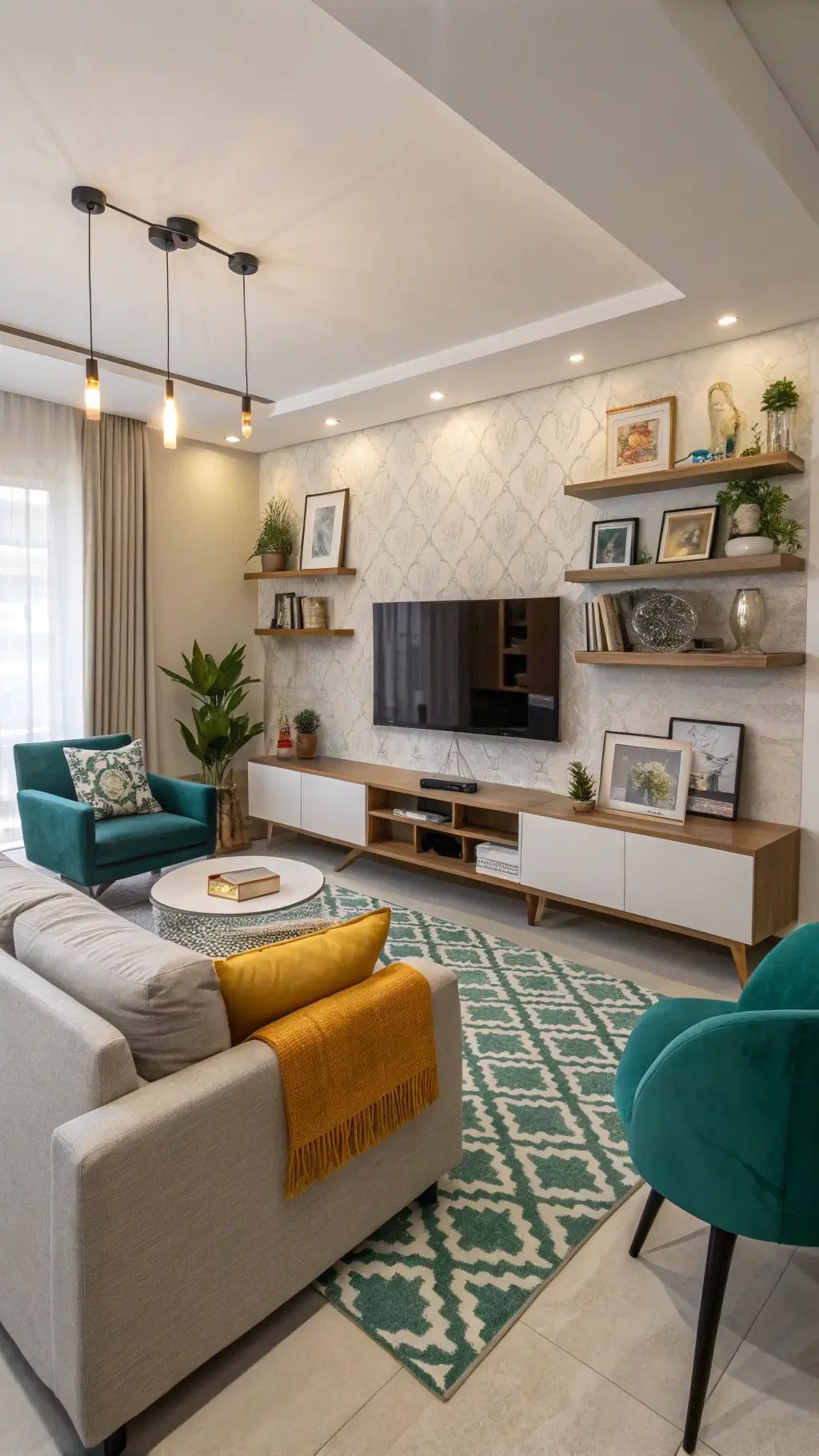 Stylish living room design in Ahmedabad Beautiful living room interior design in Ahmedabad with modern furniture and decorative wall art