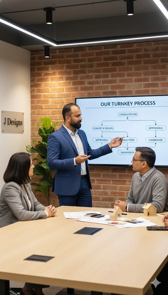 Turnkey interior design consultation meeting with homeowners in Ahmedabad explaining project process